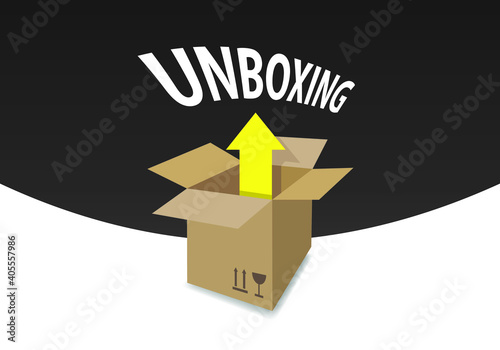 unboxing concept, box with arrow, vector illustration 