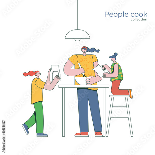 People cooking in kitchen. Young women Mum with children together at home, vector illustration. People cook collection in in geometric linear style