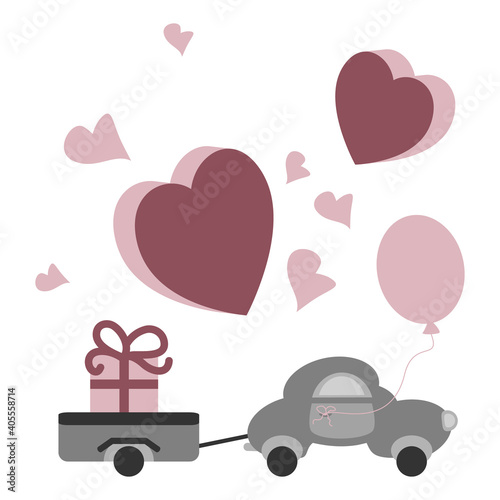 Cute little car with its trailer carrying a big gift. Little hearts raspberry color. Transparent background. Vector illustration.