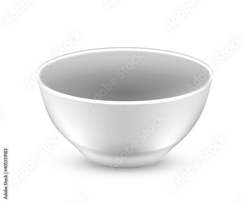 Empty bowl plate for food. Realistic ceramic dish or container design vector illustration. Table shiny kitchenware object isolated on white background. Dishware untensil photo