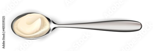 Mayonnaise sauce in spoon. Dollop of mayo vector illustration. Portion of gourmet seasoning isolated on white background. Tasty creamy dressing for food product design in kitchen