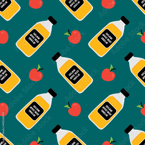 Organic apple cider vinegar bottles and apple fruits vector cartoon seamless pattern background.