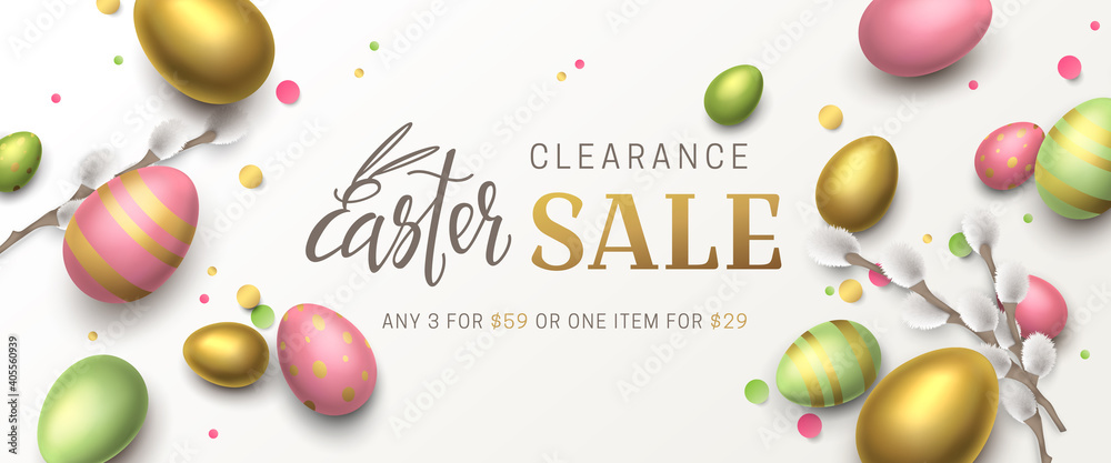 Vector elegant sale banner with confetti, 3d pussy willow, realistic gold, green, pink eggs and lettering Easter. Festive horizontal background with place for text for flyer with discount offers. - obrazy, fototapety, plakaty 
