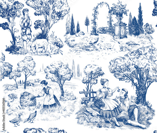 Seamless Provence pattern. Toile de jouy hand drawn illustration. Nature old French style.