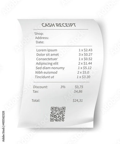 Receipt, paper bill, shop and supermarket check vector illustration template. Realistic list of purchases with prices, QR code, taxes, payment with money on white. Finance transactions