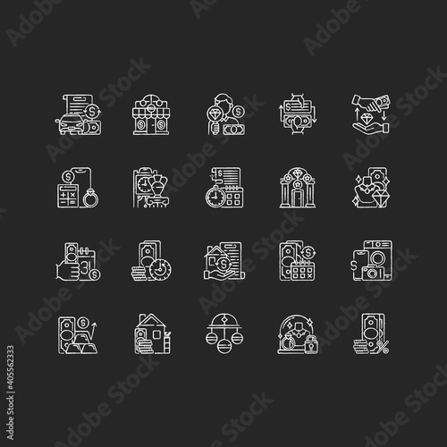 Pawn shop chalk white icons set on black background. Vehicle title loan. Paid check cashing. High-quality items. Price calculation. Repayment terms. Isolated vector chalkboard illustrations