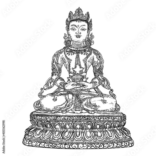 Buddha spiritual portrait. Bodhisattva. Gautama Buddha sitting in lotus pose and meditating. Indian spiritual teacher, Buddhism religious leader. Yoga zen club design. Vector.