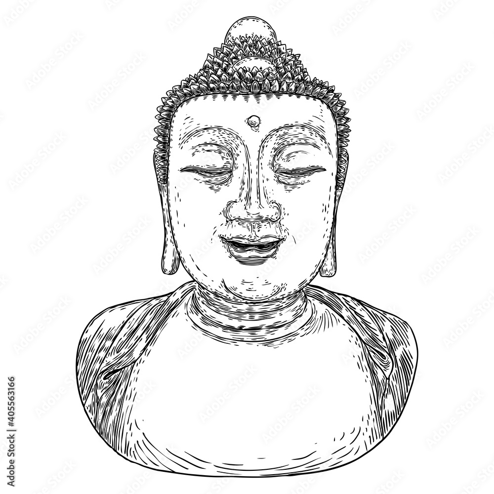 Buddha head drawing. Hinduism and Buddhism spirituality and