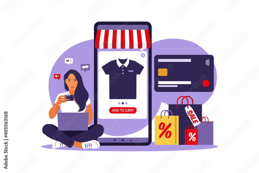 Woman online shopping. Black friday. Pay with credit card. Sale. Modern concept for web. Vector illustration. Flat style. Woman online shopping. Black friday. Pay with credit card. Sale. Modern concept for web. Vector illustration. Flat style.