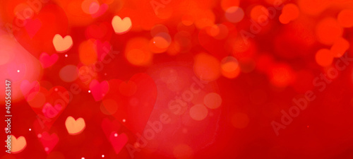 Valentine's Day Love Wedding background banner panorama - Abstract red hearts and bokeh lights on red texture, with space for text