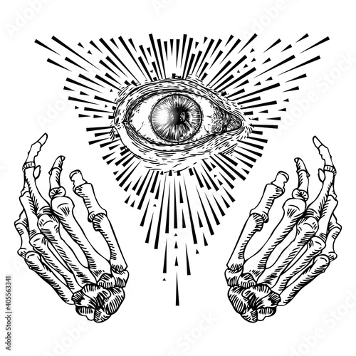 Fortune Teller hands or witch hands with all seeing eye. Mystic and occult symbols. Palmistry concept of spirituality, astrology and esoteric concept. Magic black ink tattoo flash idea. Vector