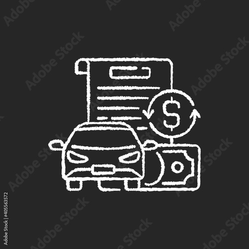 Vehicle title loan chalk white icon on black background. Placing lien on car title. Borrowers outstanding debt repayment. Collateral car. Vehicle value. Isolated vector chalkboard illustration © bsd studio