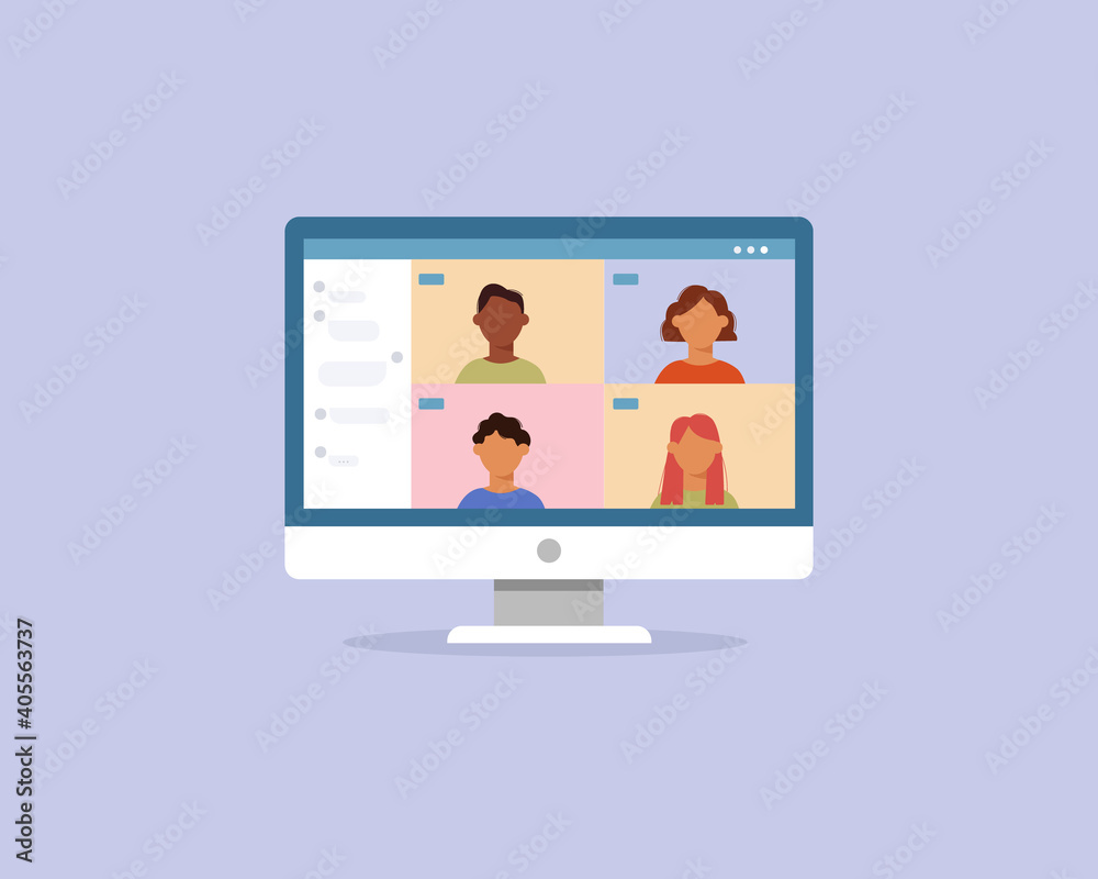 Group of people having an video conference. Group call, online meeting. Colorful vector illustration in cartoon flat style.