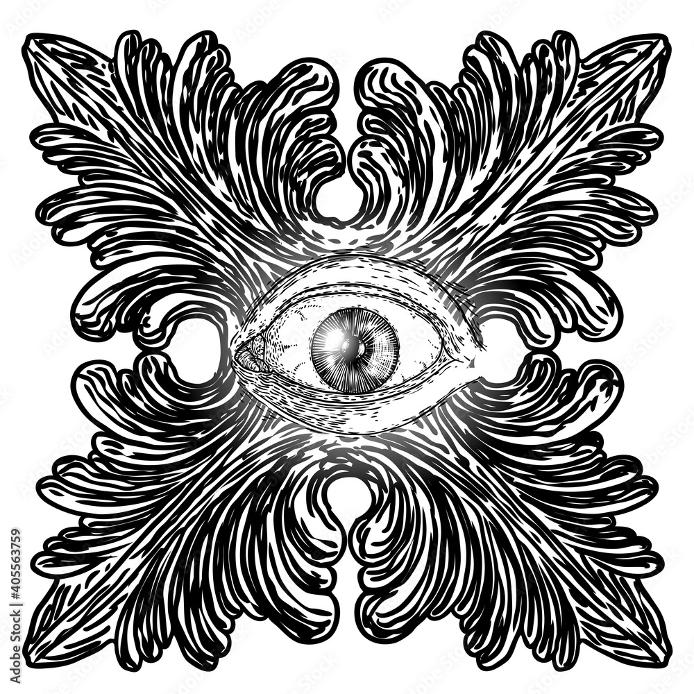 Fototapeta premium All seeing eye symbol element variation. Alchemy, religion, spirituality and occultism tattoo ink art. Vision of providence and conspiracy theory. Hand drawing in flash tattoo style artwork. Vector.