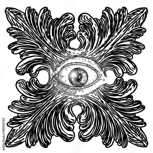 All seeing eye symbol element variation. Alchemy, religion, spirituality and occultism tattoo ink art. Vision of providence and conspiracy theory. Hand drawing in flash tattoo style artwork. Vector.