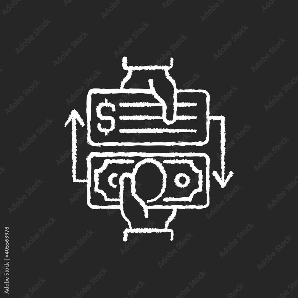 Paid check cashing chalk white icon on black background. Cashing checks without bank account. Obtaining money instantly. Transferring money. Paying bills. Isolated vector chalkboard illustration