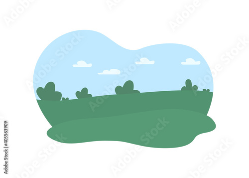 Outdoors greenery 2D vector web banner, poster. Daytime flat landscape on cartoon background. idyllic garden. Hills and green land. Spring lawn printable patch, colorful web element