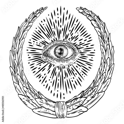 All seeing eye or Eye of Providence on decorative background sacred geometry. Ancient mystical sacral Masonic symbol. Hand drawn alchemy, religion and spiritual occultism. Conspiracy theory vector.