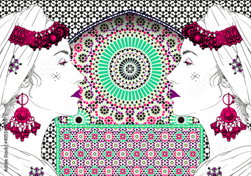 Arabic woman face mosaic vector illustration. Pink, purple and green colors.