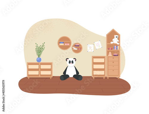 Children playroom 2D vector web banner, poster. Toys on bookshelf. Plush bear. Kindergarten room flat interior on cartoon background. Preschool classroom printable patch, colorful web element