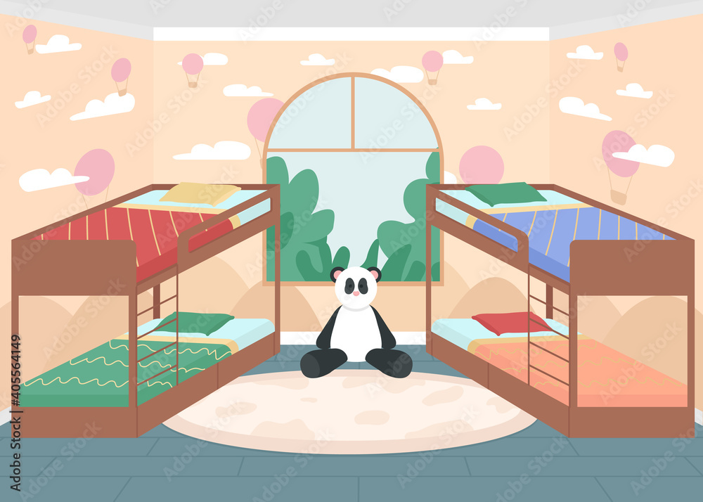 Obraz premium Children bedroom flat color vector illustration. Preschool room for daytime sleep time for kids. Nursery with furniture. Kindergarten room with bunk beds 2D cartoon interior with window on background
