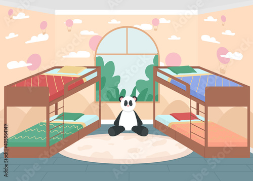 Children bedroom flat color vector illustration. Preschool room for daytime sleep time for kids. Nursery with furniture. Kindergarten room with bunk beds 2D cartoon interior with window on background