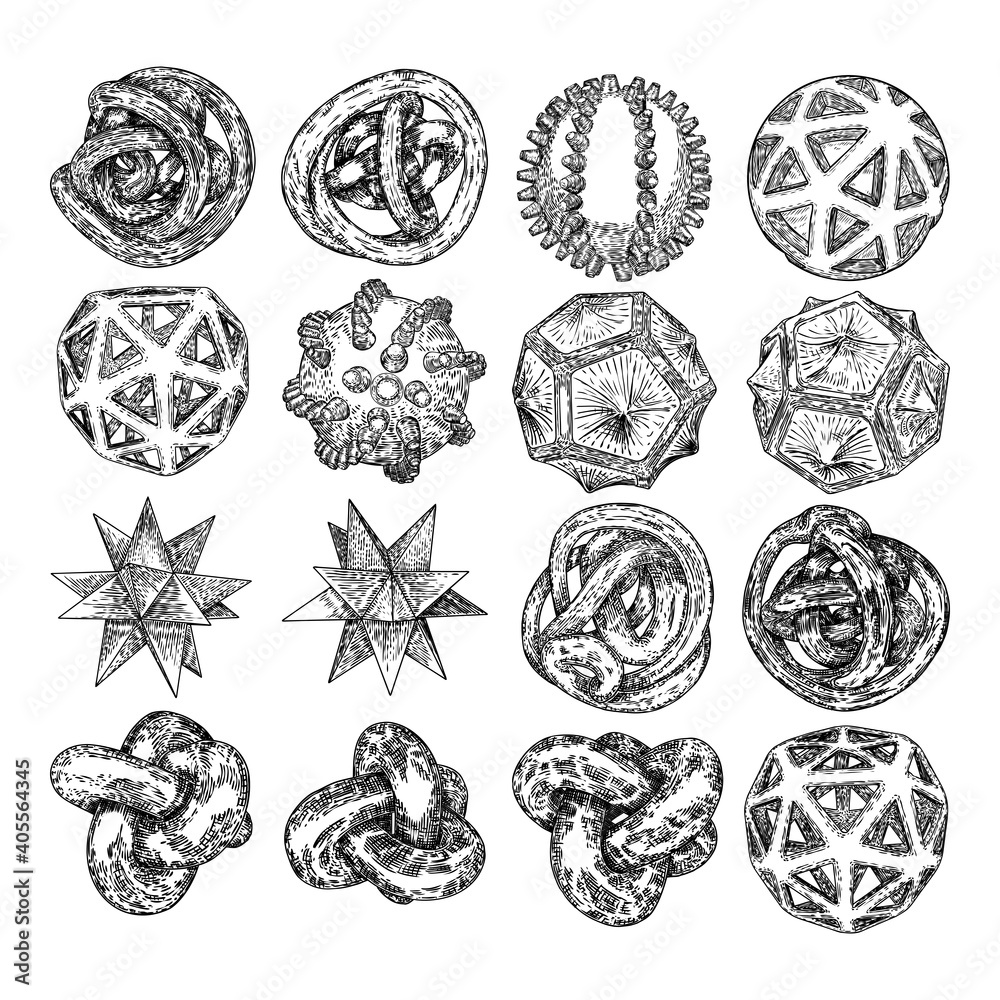 Set of decorative balls in hand drawn style. Abstract magic balls or mysterious orbs with holes, 3d printing sphere crystal. Vector. Set of decorative balls in hand drawn style. Abstract magic balls or mysterious orbs with holes, 3d printing sphere crystal. Vector.