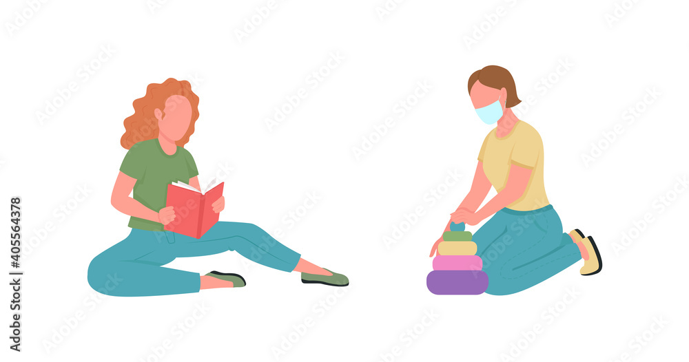 Kindergarten teachers flat color vector faceless characters set. Woman read book. Girl in mask. Preschool classes isolated cartoon illustration for web graphic design and animation collection