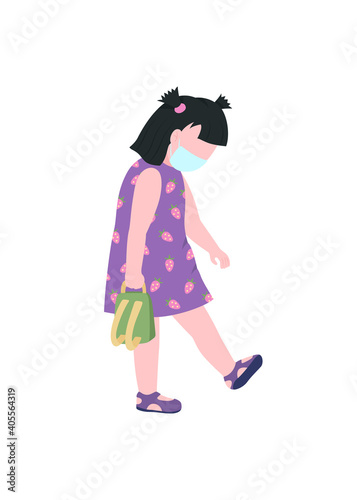 Kindergarten girl in medical mask flat color vector faceless character. New normal safety. Preschool kid with backpack isolated cartoon illustration for web graphic design and animation