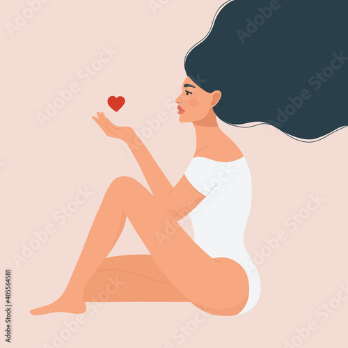 Beautiful woman with long hair. Love yourself or body positive concept. Modern design for International Women's Day, Valentine's Day. Flat vector illustration.