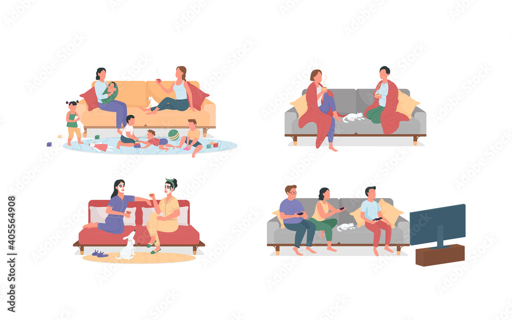 Resting at home on couch flat color vector faceless characters set. Baby sitting, video games fun. Weekend entertainment isolated cartoon illustration for web graphic design and animation collection