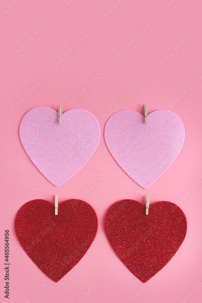 Pink hearts for Valentine's Day on the pink background. Valentine and love concepts.