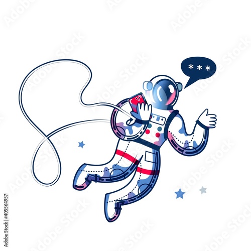 Funny astronaut messaging on phone in space. Man in spacesuit chatting on telephone. Space exploration fun entertainment vector illustration. Cosmonaut in universe, stars and planets