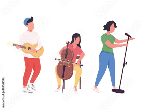 Music band performance flat color vector faceless characters. Musicians with classical instruments, singer with microphone isolated cartoon illustration for web graphic design and animation