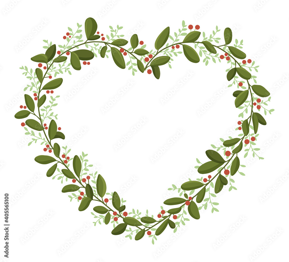 Naklejka premium Floral heart-shaped wreath with green leaves and berries. Modern design for Holidays invitation card, poster, banner, greeting card, postcard, packaging, print. Vector illustration.