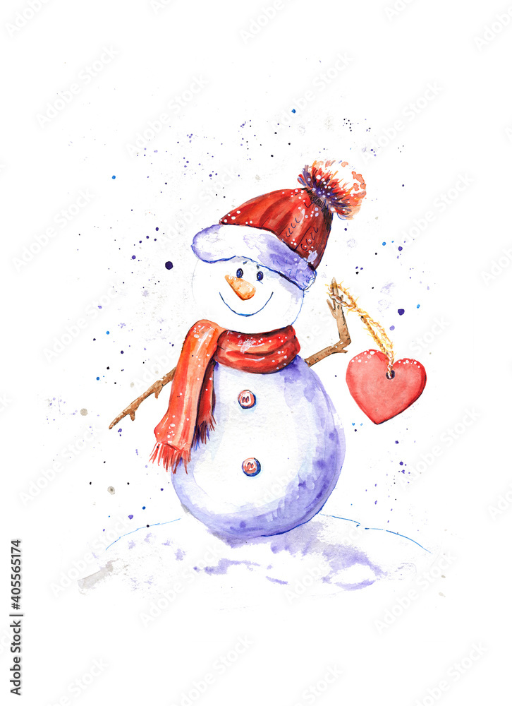 Snowman in love in a hat and a scarf with a heart in his hand Snowman in love in a hat and a scarf with a heart in his hand
