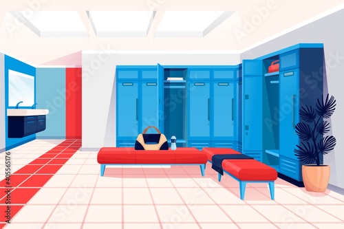 Modern locker room interior design background. Room for changing clothes for fitness and sport exercise in gym vector illustration. Private place with lockers, benches, sinks, mirror, bags