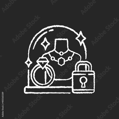 Pledge safety chalk white icon on black background. Security measures. Pawn shop responsibility. Keeping items in store secure. Collateral property. Isolated vector chalkboard illustration
