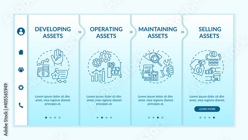 Investment management components onboarding vector template. Developing and maintaining assets. Responsive mobile website with icons. Webpage walkthrough step screens. RGB color concept