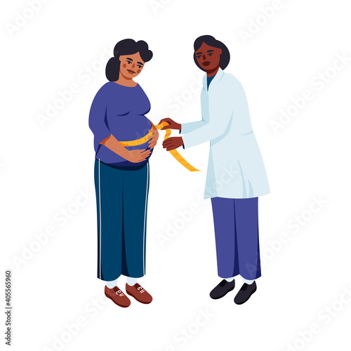 Pregnant woman visiting doctor isolated on white vector illustration. Medical check up for female mother design element. Gynecologist examination in cartoon style.
