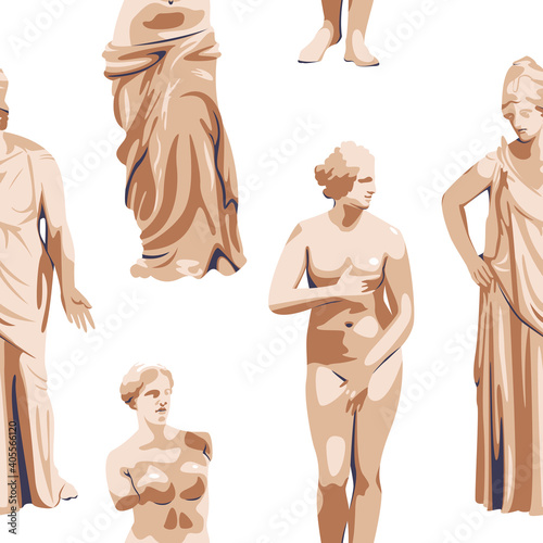 Ancient greek sculpture seamless pattern vector illustration. Antique Greece texture design. Historical, old art, museum background. 