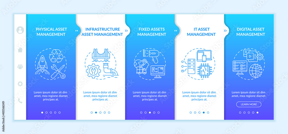 Investment management types onboarding vector template. Physical and infrastructure asset managing. Responsive mobile website with icons. Webpage walkthrough step screens. RGB color concept
