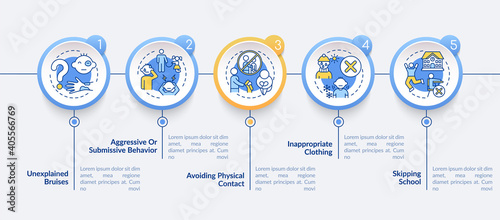 Physical abuse sign vector infographic template. Child safety presentation design elements. Data visualization with 5 steps. Process timeline chart. Workflow layout with linear icons