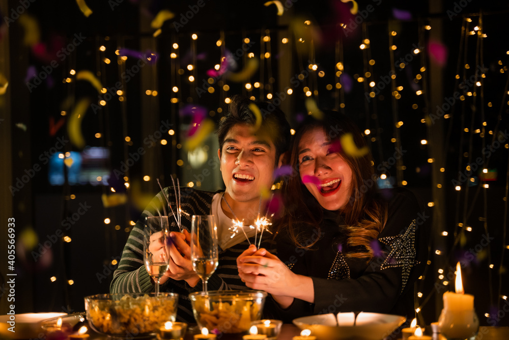 young couple celebrate at night party, romance date and love concept for Valentine's Day