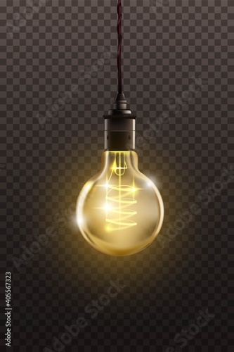 Vintage light bulb hanging on filament. Retro decor design vector illustration. Antique yellow glowing lantern in glass with string from ceiling on transparent background