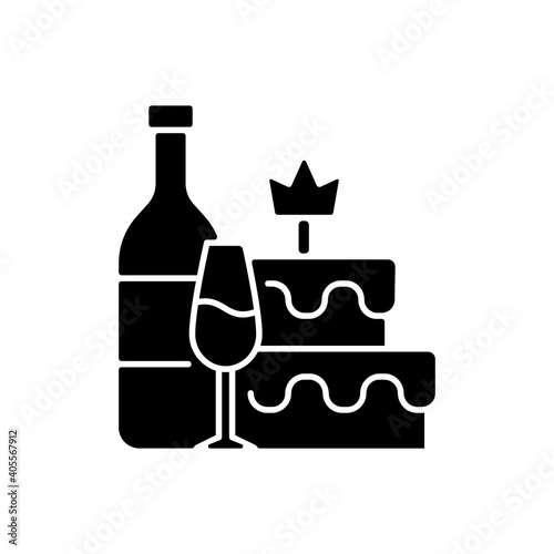 Bachelorette party black glyph icon. Woman engagement celebration. Bridal cake with crown. Marriage invitation for friends. Female party. Silhouette symbol on white space. Vector isolated illustration