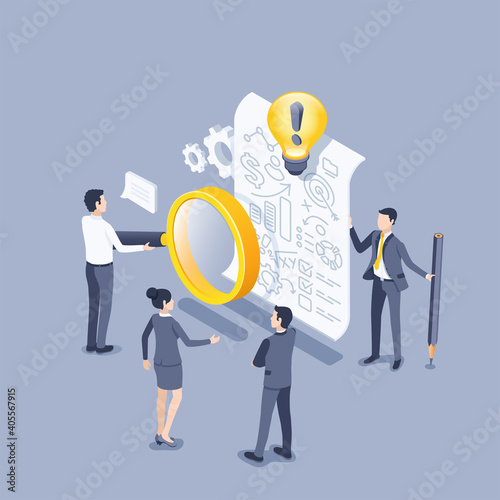 isometric vector illustration on gray background, people in business clothes are discussing plan on a large sheet of paper, startup strategy and ideas