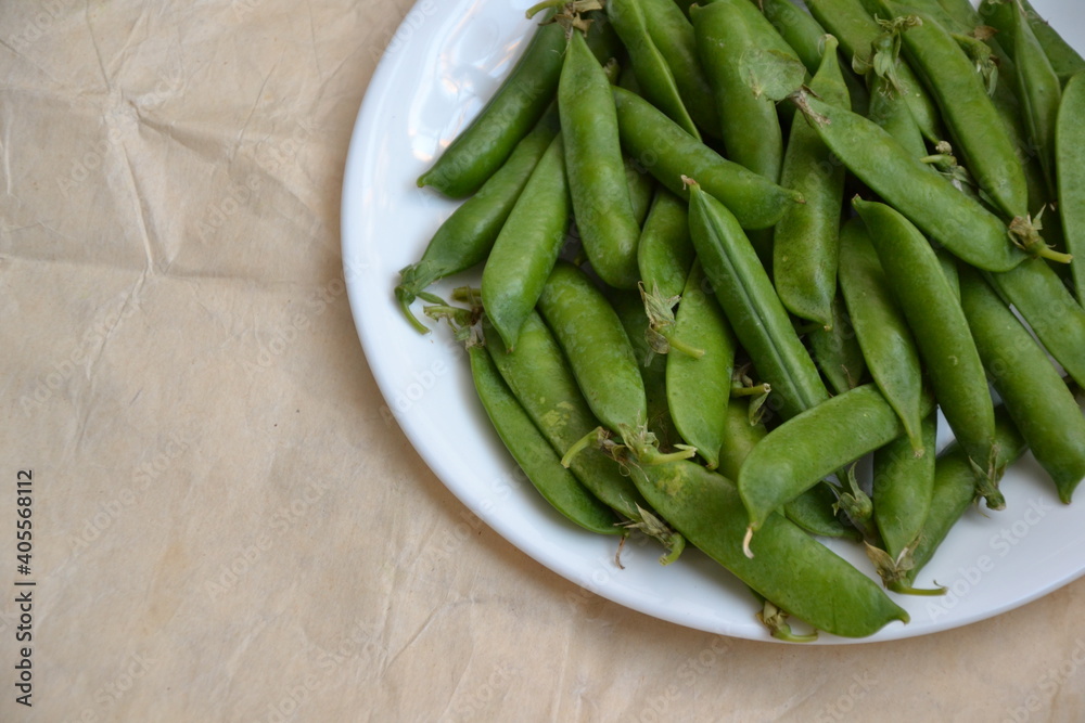 Green pea pods from farmland. Pea freshly picked. Organic spring pea pods. Vintage paper background. Fresh vegetables. Healthy eating. Country garden harvest. Green pea pods from farmland. Pea freshly picked. Organic spring pea pods. Vintage paper background. Fresh vegetables. Healthy eating. Country garden harvest.