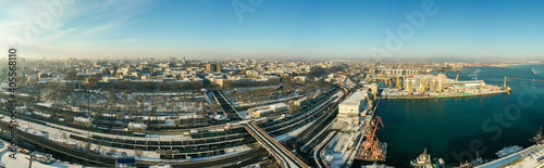 Panorana of center city with Primorsky Boulevard and sea port in Odessa Ukraine. Drone footage  morning timr and winter landscape.