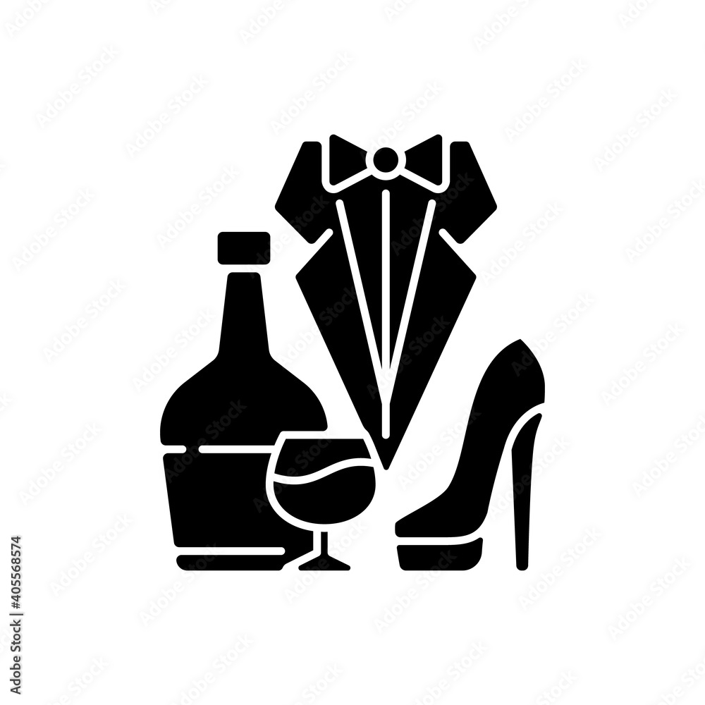 Bachelor party black glyph icon. Drinks for event. Club for man. Special occasion. Stag party for groom. Husband celebrate wedding. Silhouette symbol on white space. Vector isolated illustration Bachelor party black glyph icon. Drinks for event. Club for man. Special occasion. Stag party for groom. Husband celebrate wedding. Silhouette symbol on white space. Vector isolated illustration